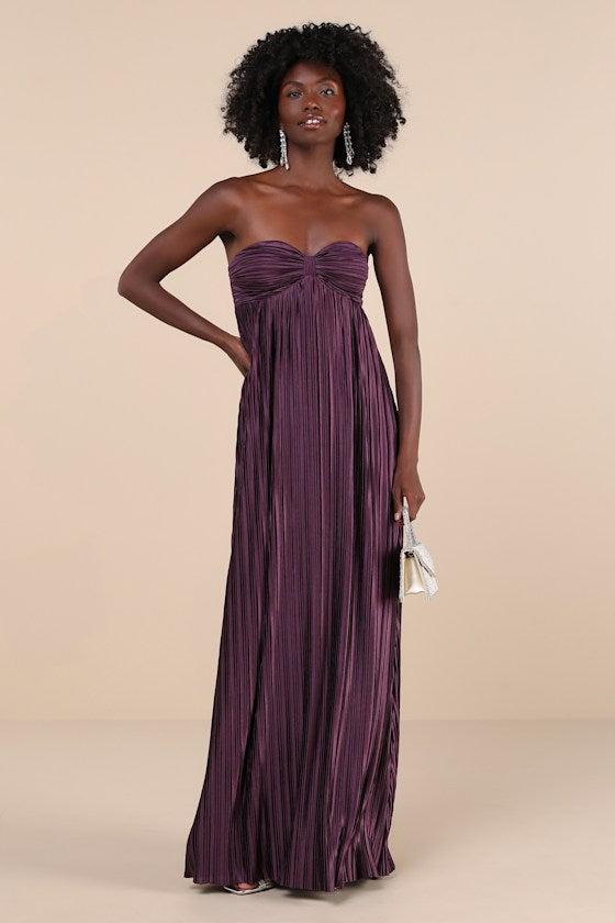 Whimsical Beauty Golden Yellow Satin Plisse Strapless Maxi Dress