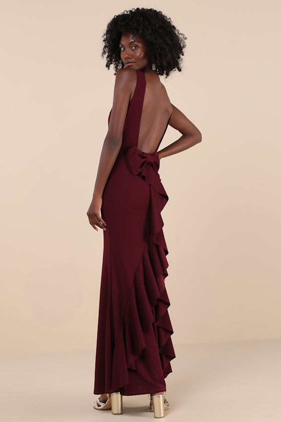 Exquisite Refinement Black Backless Bow Ruffled Maxi Dress