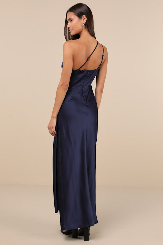 Signature Elegance Black Satin One-Shoulder Maxi Dress