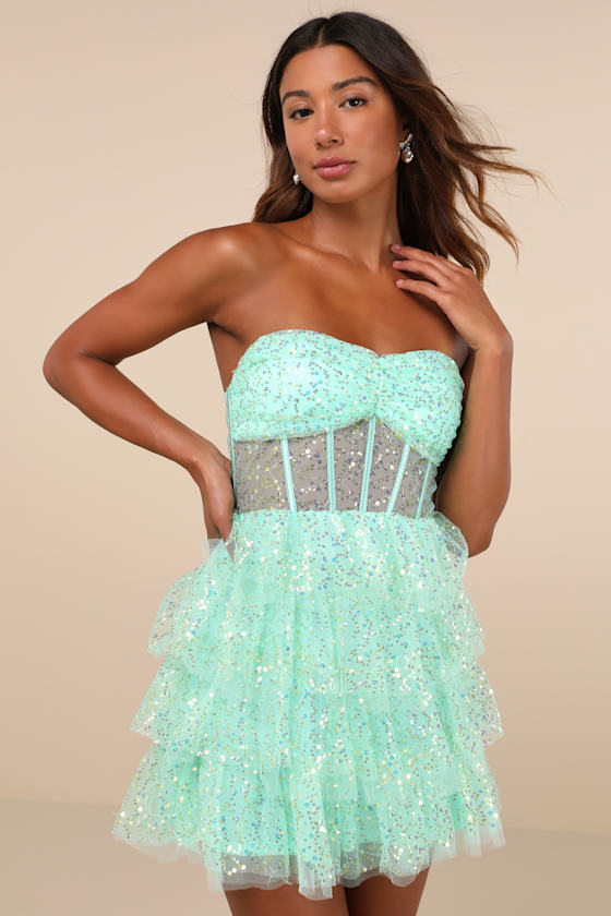Illustrious Glow Black Sheer Tulle Sequin Tiered Mini Dress