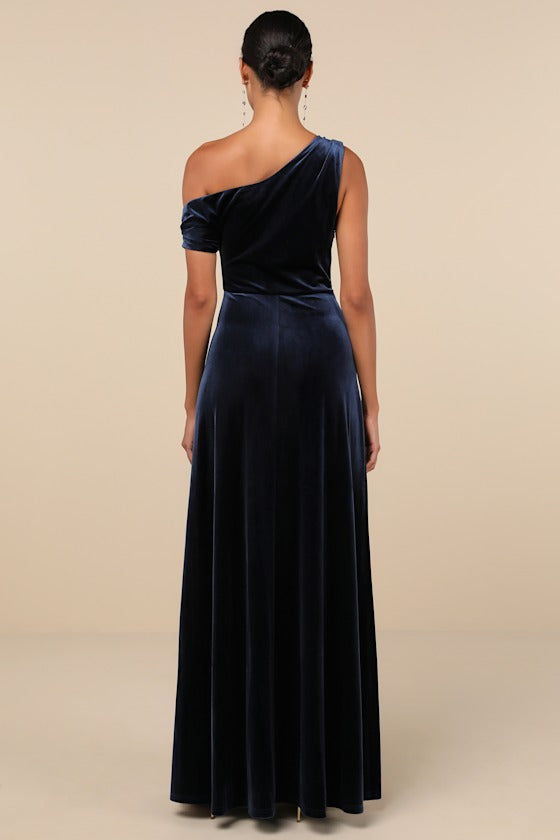 Coveted Confidence Brown Velvet Asymmetrical Maxi Dress