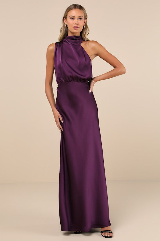 Distinctive Charm Rose Pink Satin Asymmetrical Maxi Dress