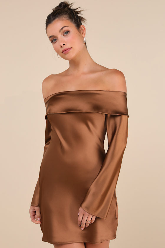 Luxurious Vision Olive Green Satin Off-the-Shoulder Mini Dress