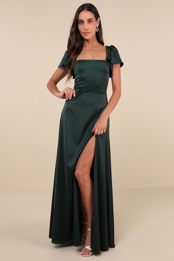 Ultimate Sweetness Plum Satin Flutter Sleeve Maxi Dress