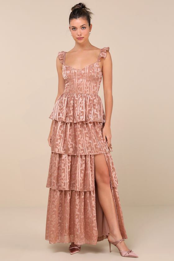 Stunning Glory Sage Green Floral Jacquard Tiered Maxi Dress