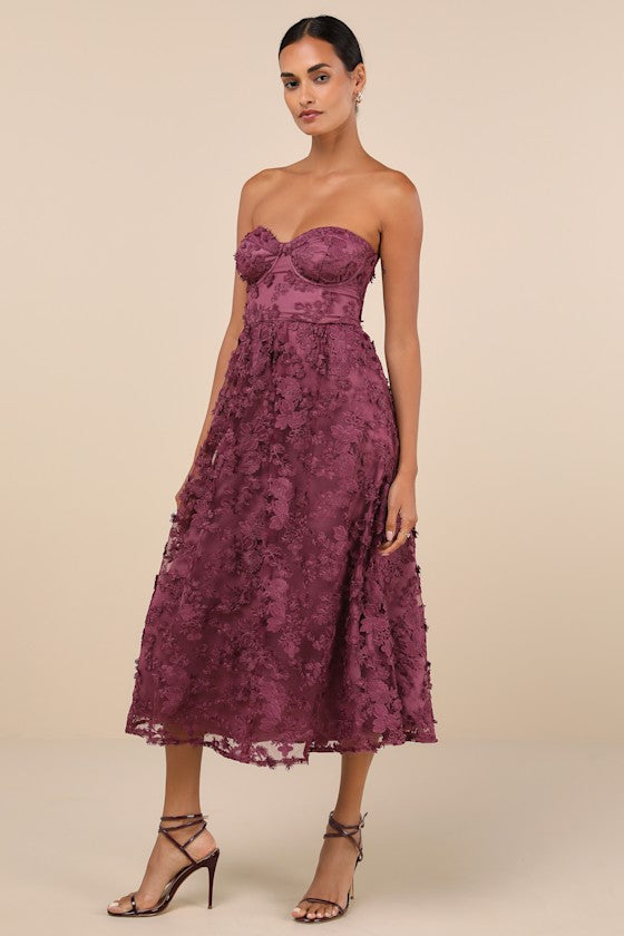 Quite Perfect Black Floral Embroidered Strapless Midi Dress