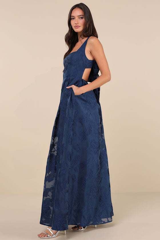 Perfected Aura Yellow Jacquard Tie-Back Maxi Dress with Pockets