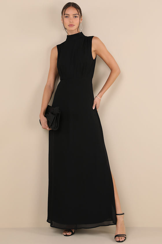 Classic Elegance Emerald Chiffon Sleeveless Mock Neck Maxi Dress
