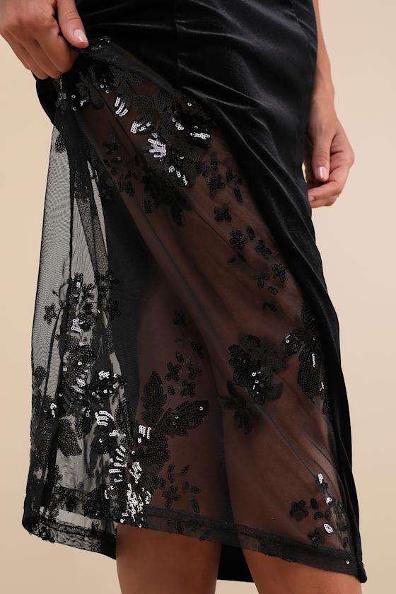 Feeling So Luxe Burgundy Velvet Mesh Sequin Strapless Midi Dress