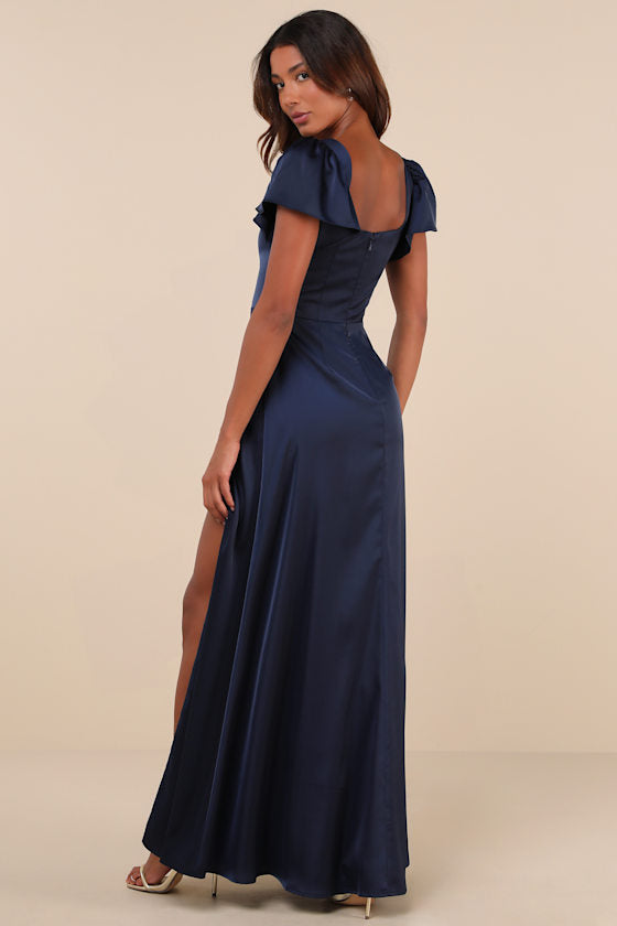 Ultimate Sweetness Plum Satin Flutter Sleeve Maxi Dress