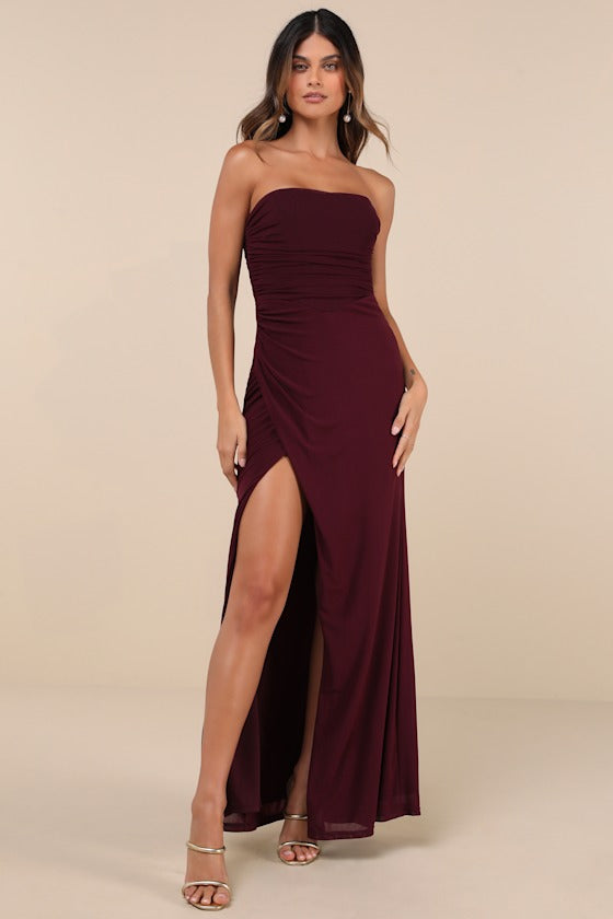 Epitome of Allure Black Mesh Strapless Ruched Maxi Dress