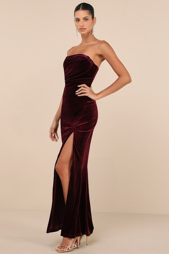 Perfectly Captivating Black Velvet Strapless Maxi Dress
