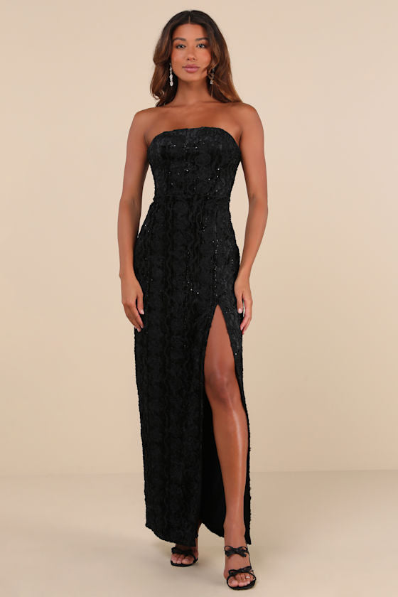 Chic Grace Burgundy Velvet Floral Applique Strapless Maxi Dress