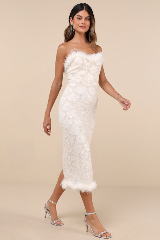 Uniquely Confident Cream Lace Feather Strapless Midi Dress
