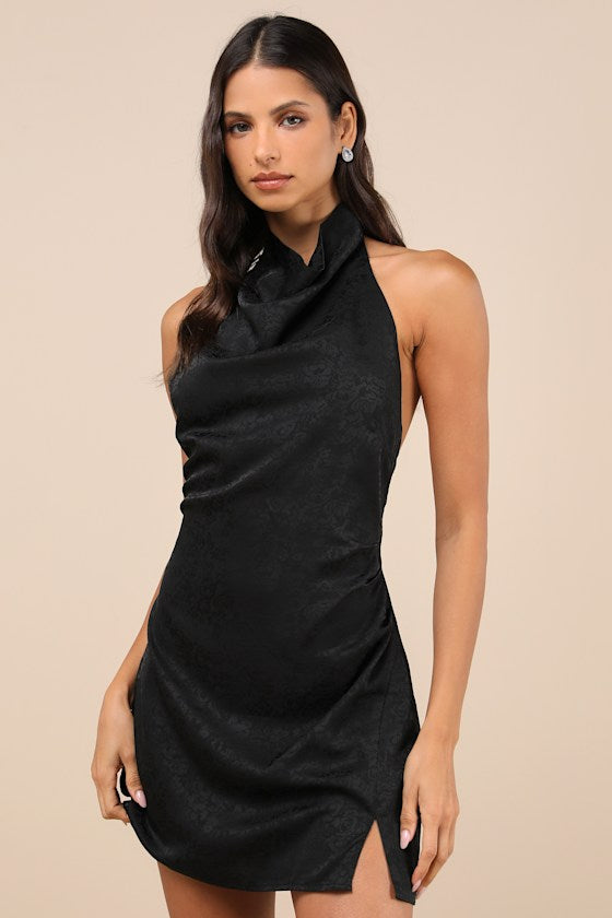Simply a Stunner Emerald Jacquard Cowl Backless Mini Dress