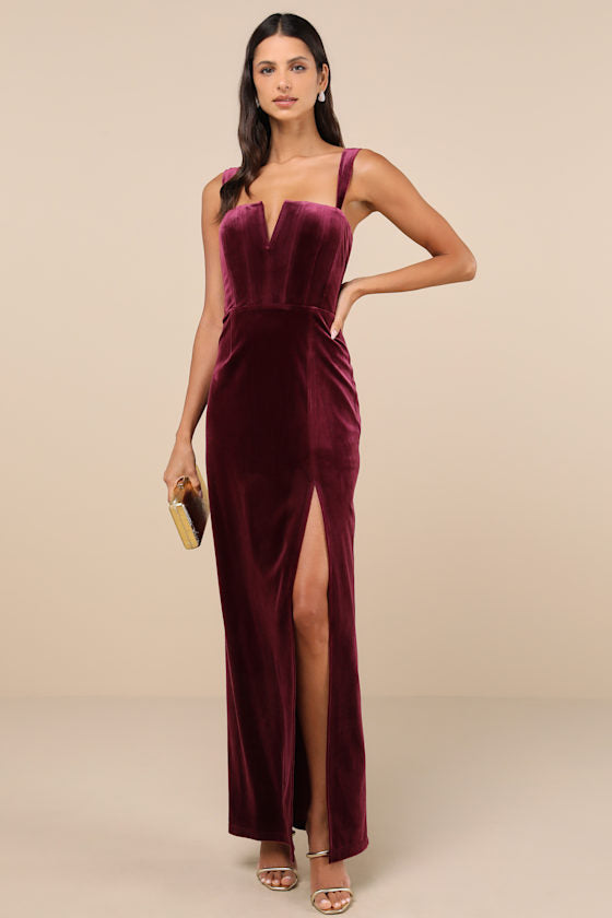 Pristine Luxury Dark Mauve Velvet Bustier Maxi Dress