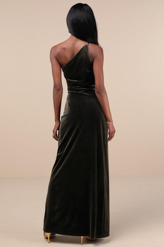 Elegant Era Dark Slate Blue Velvet One-Shoulder Maxi Dress