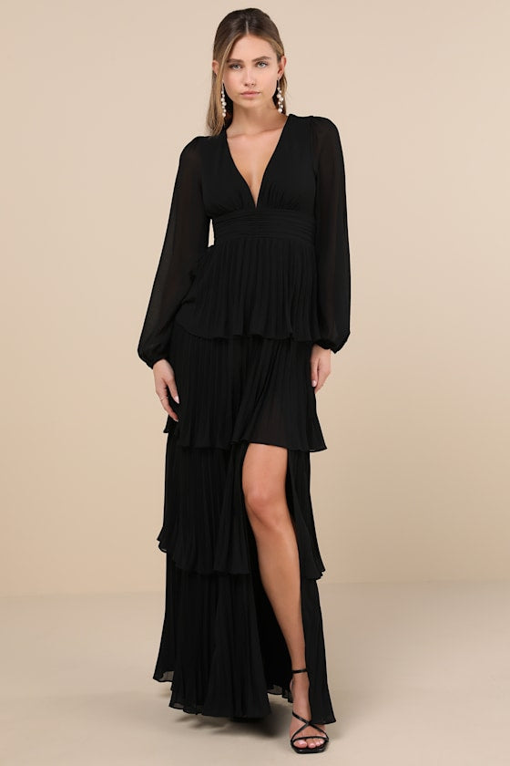 Graceful Finesse Dusty Rose Pleated Long Sleeve Maxi Dress