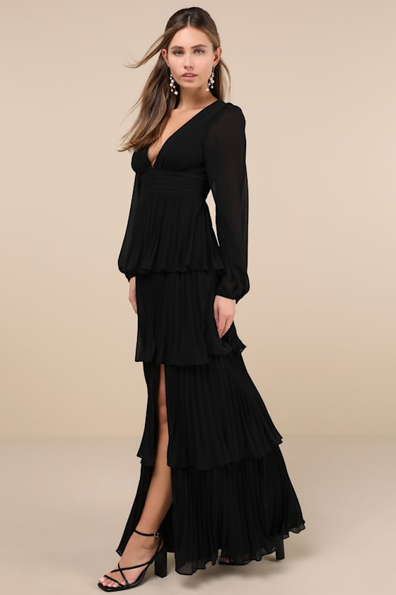Graceful Finesse Dusty Rose Pleated Long Sleeve Maxi Dress