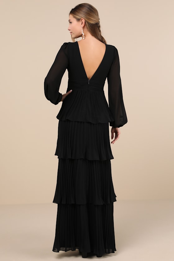 Graceful Finesse Olive Green Pleated Long Sleeve Maxi Dress