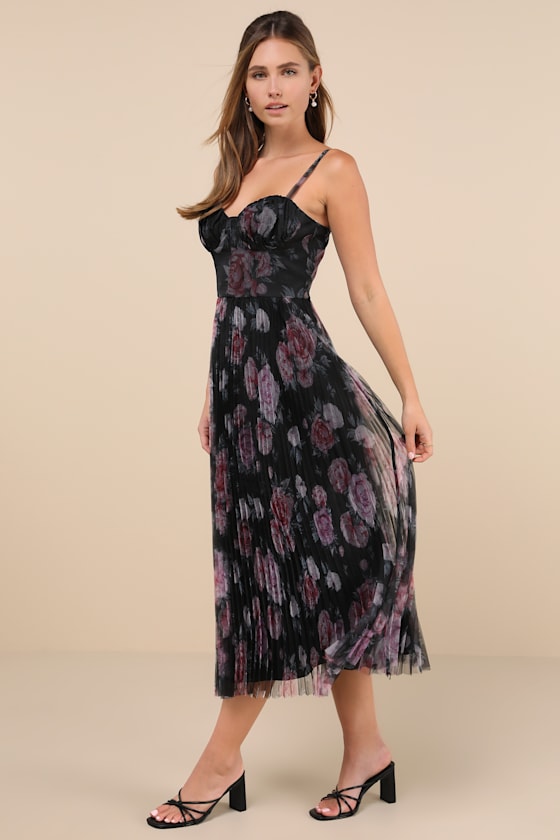 Alluring Invite Midnight Blue Floral Pleated Bustier Midi Dress