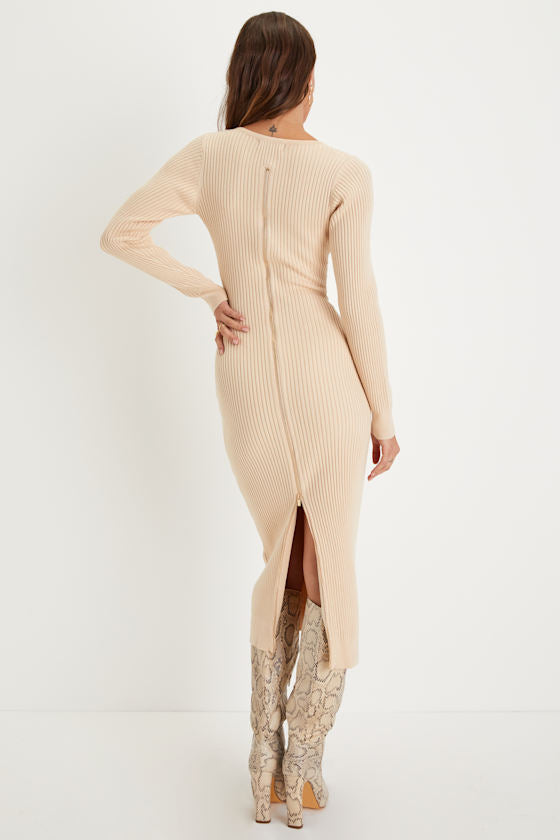Everyday Beauty Green Long Sleeve Ribbed Knit Sweater Dress