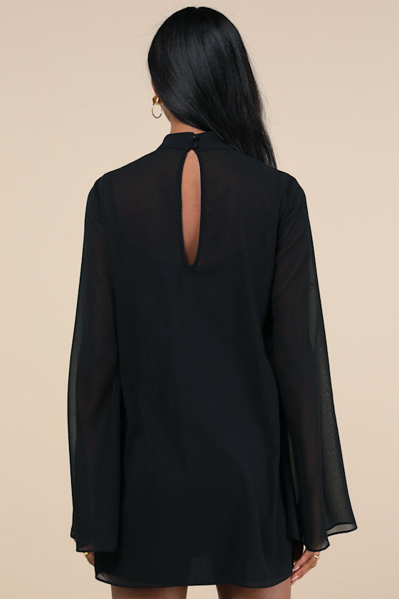 Perfected Charm Black Multi Floral Bell Sleeve Mini Shift Dress