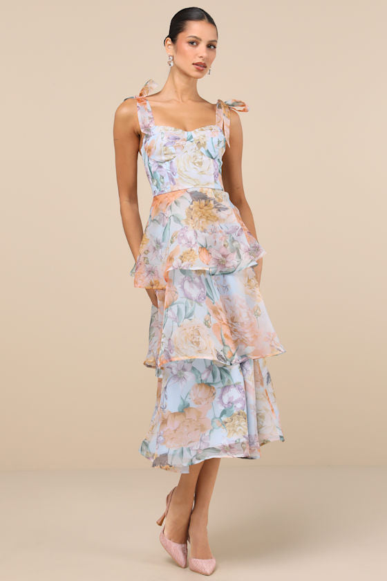 Playfully Posh Blush Floral Organza Tie-Strap Tiered Midi Dress