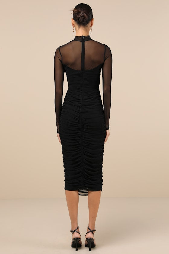 Impressive Flirt Plum Floral Mesh Ruched Mock Neck Midi Dress