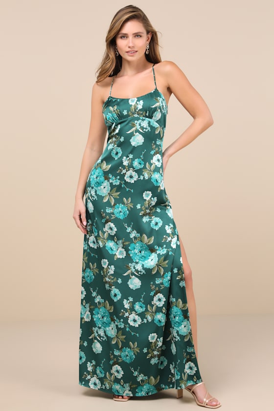 Wondrous Allure Navy Blue Floral Satin Backless Maxi Dress