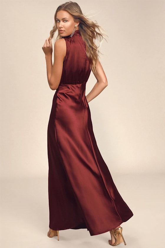 Classic Elegance Olive Satin Sleeveless Mock Neck Maxi Dress
