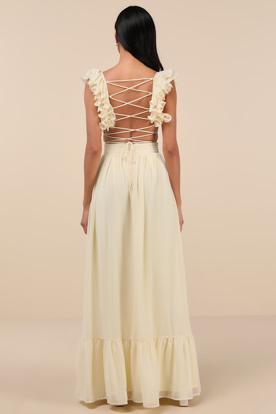 Soiree Celebration Navy Blue Ruffled Lace-Up Maxi Dress