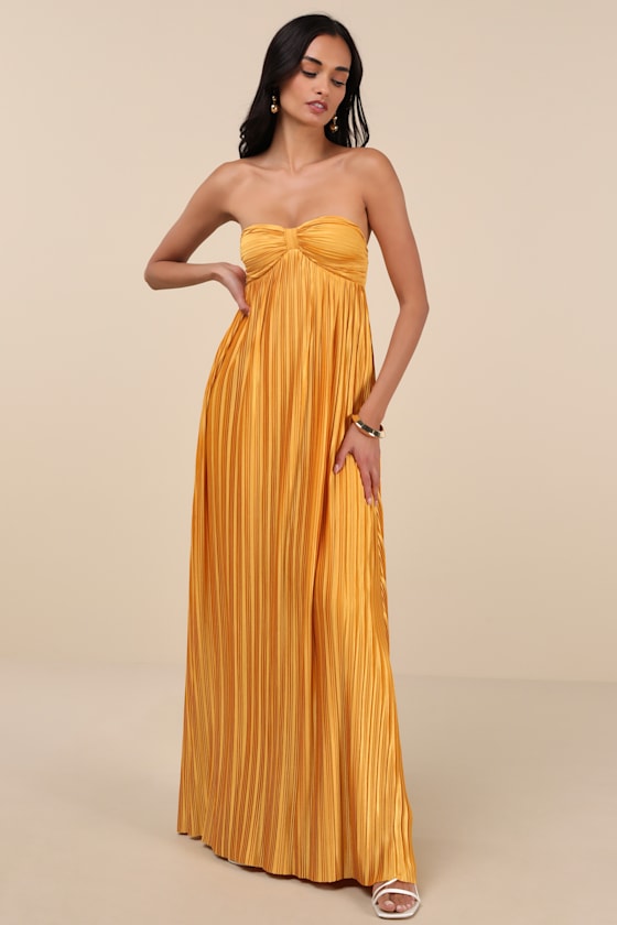 Whimsical Beauty Black Satin Plisse Strapless Maxi Dress