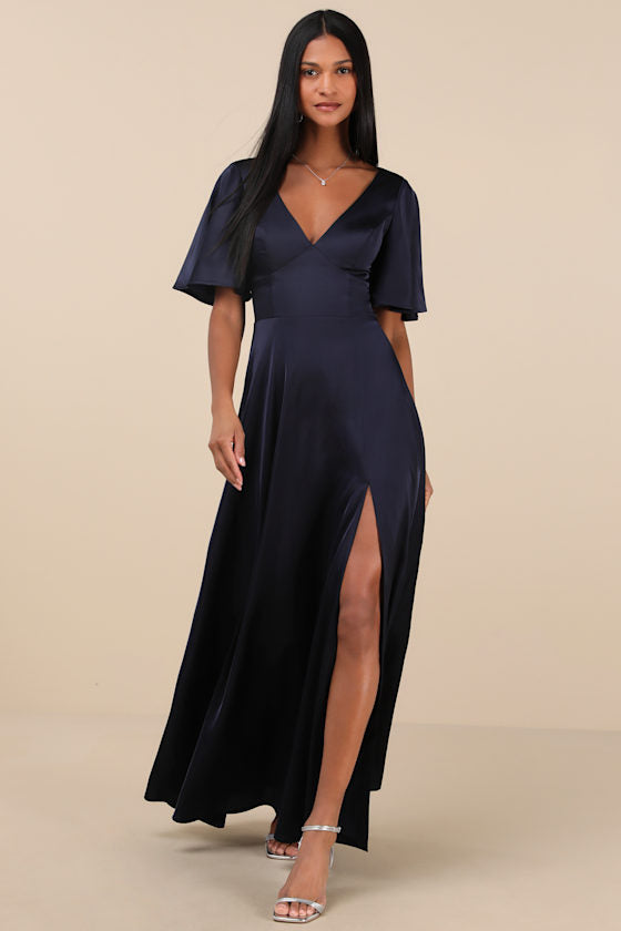 Elegant Confidence White Satin Flutter Sleeve Cutout Maxi Dress