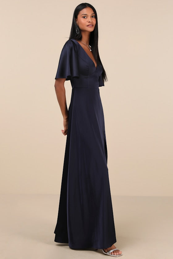 Elegant Confidence White Satin Flutter Sleeve Cutout Maxi Dress