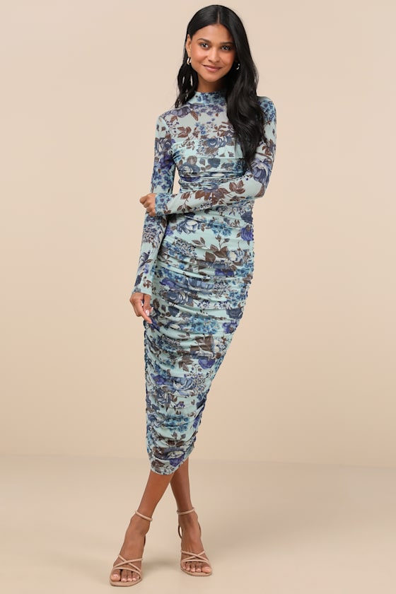 Impressive Flirt Plum Floral Mesh Ruched Mock Neck Midi Dress