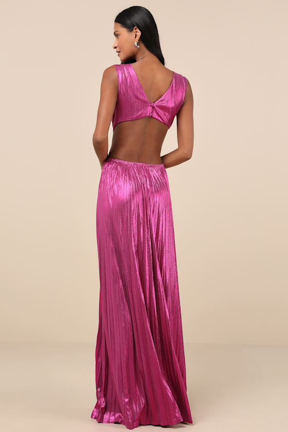 Shining Luxury Bronze Metallic Lurex Cutout Maxi Dress