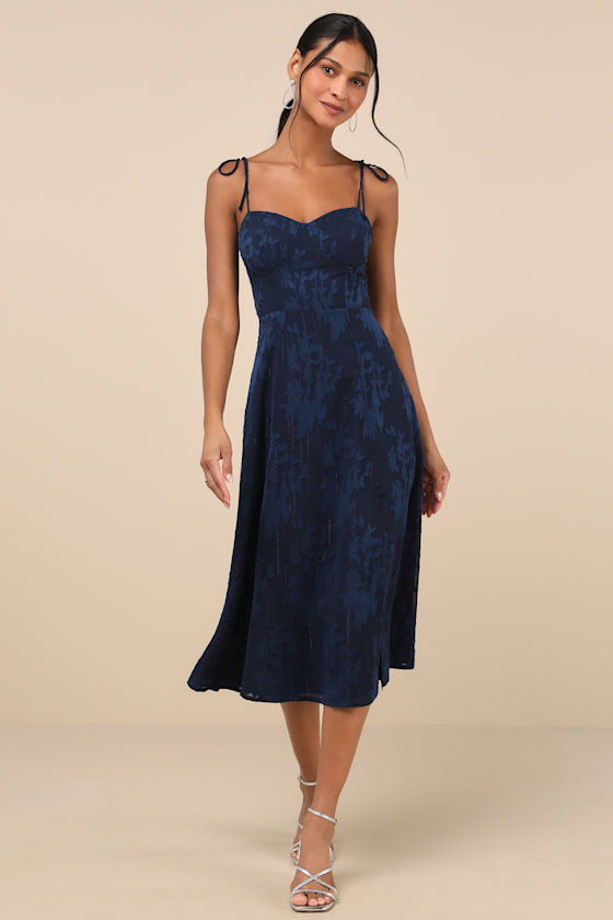 Loveliest Looks Dusty Blue Floral Jacquard Tie-Strap Midi Dress