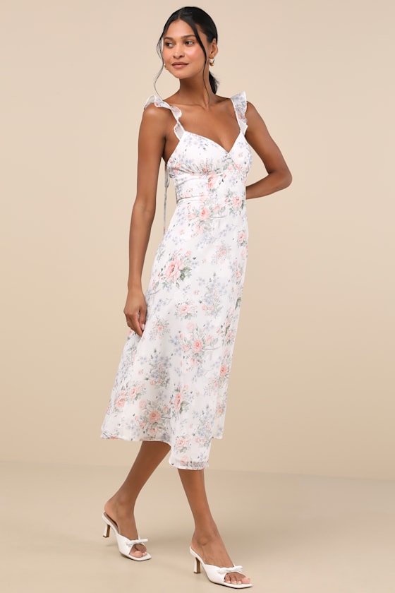 Delightful Direction Blush Floral Ruffled Tie-Strap Midi Dress