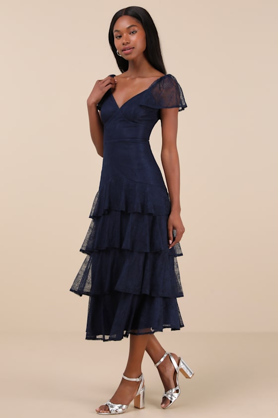 Graceful Darling White Lace Flutter Sleeve Tiered Midi Dress