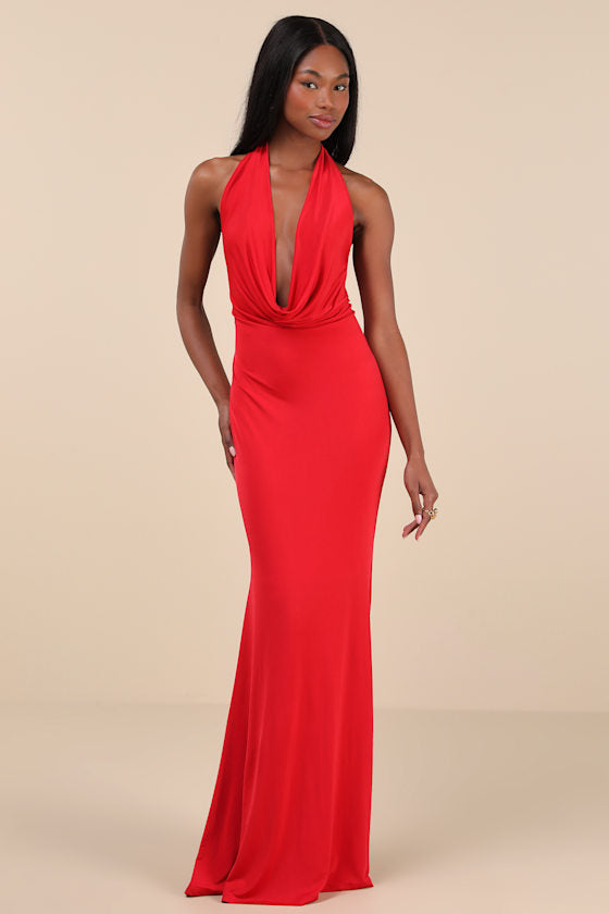 Eye-Catching Silhouette Dark Brown Cowl Neck Halter Maxi Dress