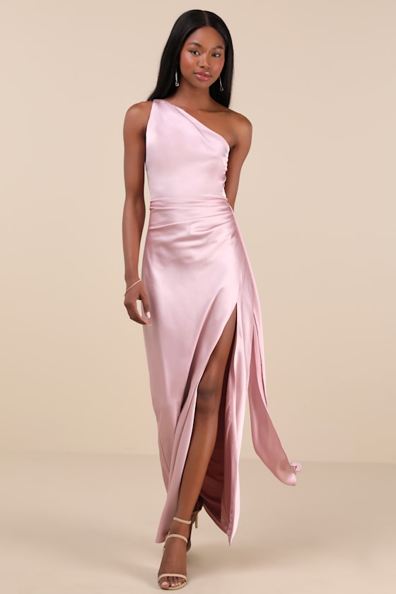 Signature Elegance Olive Green Satin One-Shoulder Maxi Dress