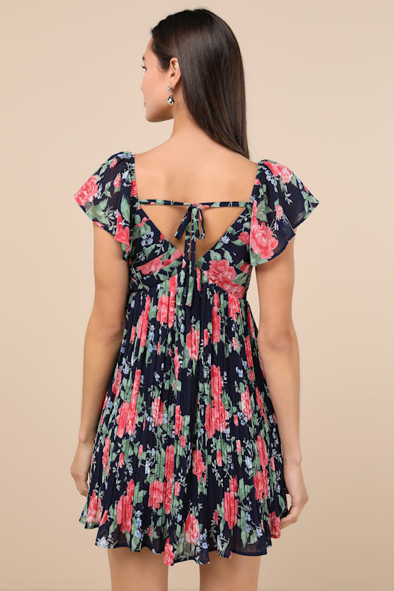 Amalfi Coast Light Blue Pleated Flutter Sleeve Mini Dress