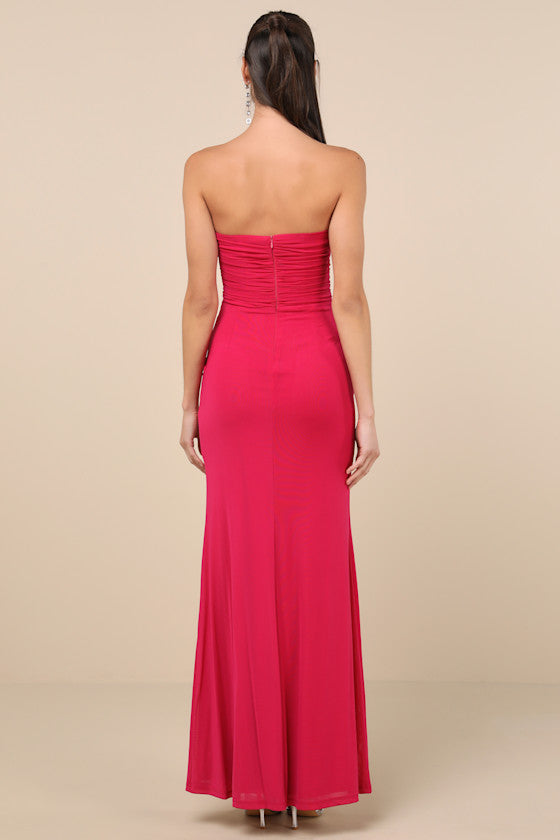 Epitome of Allure Purple Mesh Strapless Ruched Maxi Dress