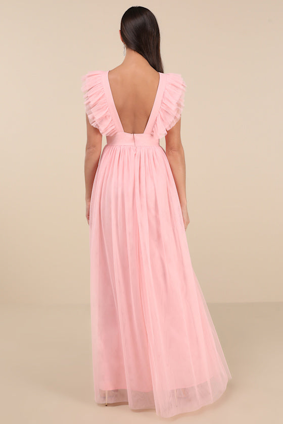 Simply Delighted Black Mesh Ruffled Backless Maxi Dress