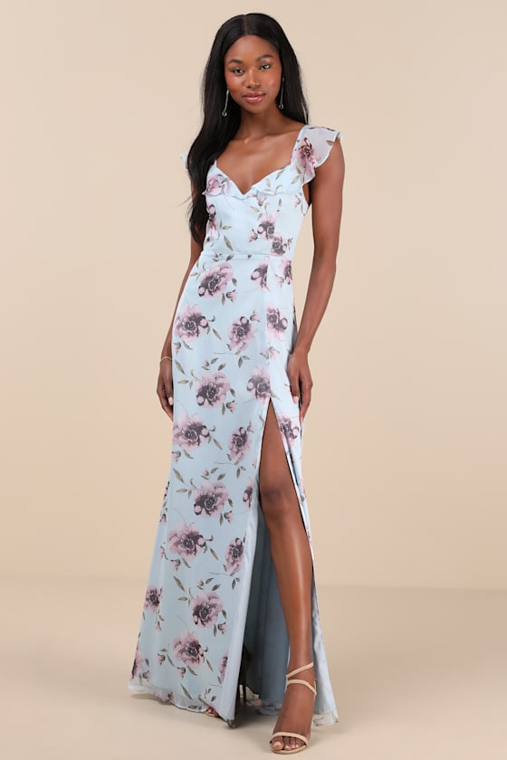 Sweetest Entrance Plum Purple Floral Ruffled Tie-Back Maxi Dress