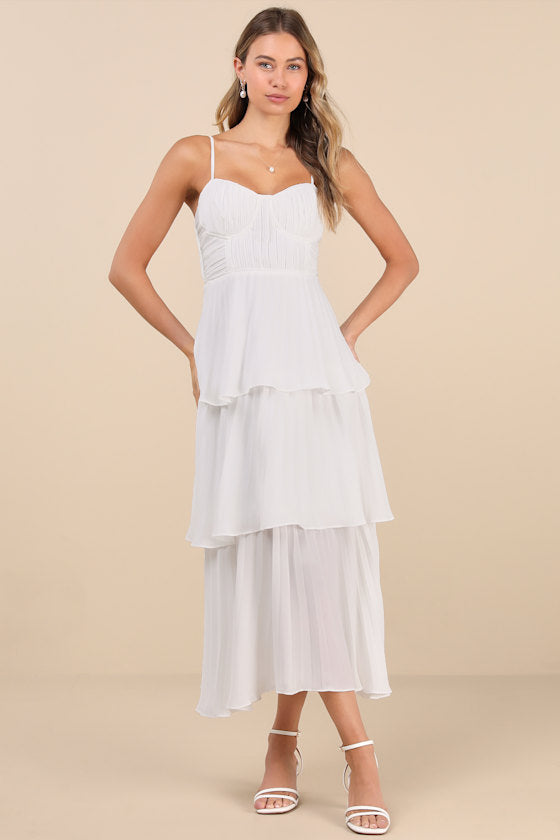 Cascading Crush Ivory Floral Print Tiered Bustier Midi Dress