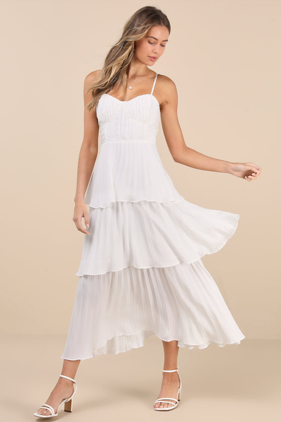 Cascading Crush Blush Pink Tiered Bustier Midi Dress
