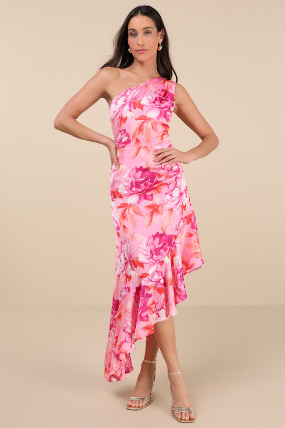Divinely Blooming Lime Multi Floral One-Shoulder Midi Dress