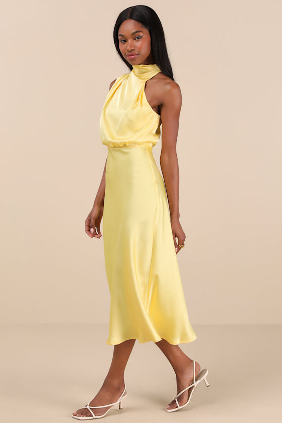 Distinctive Charm Olive Green Satin Asymmetrical Midi Dress
